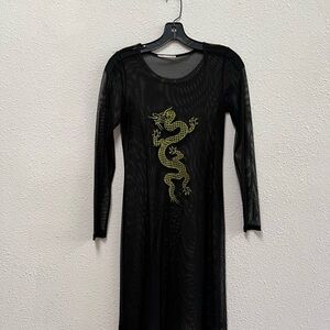 Black Long Sleeve Sheath Dress with Green Dragon Design